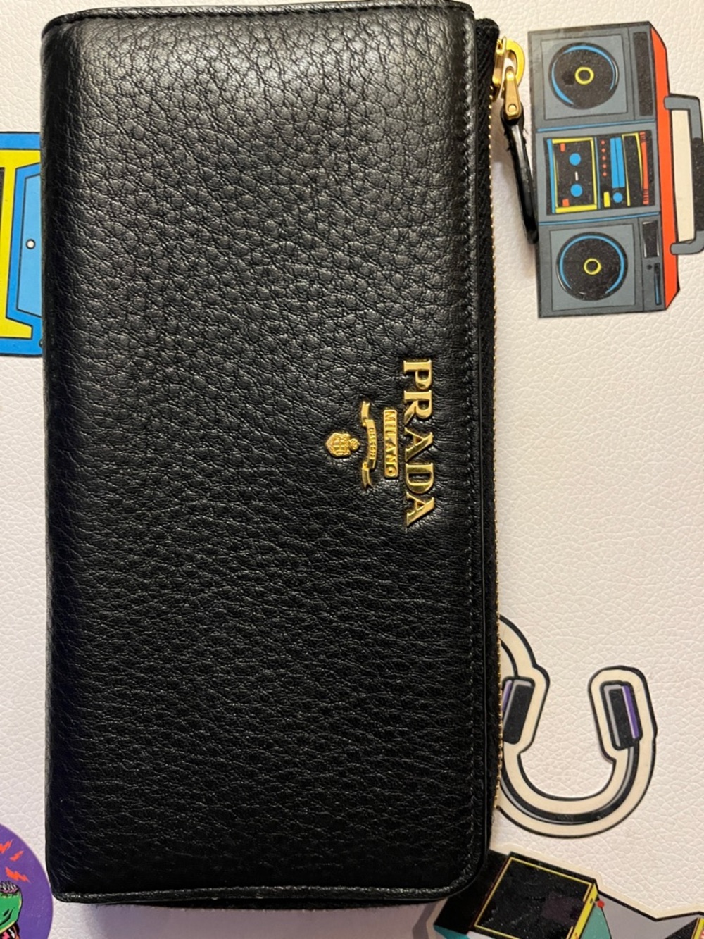 Prada Black Leather Zip-Around Wallet with Gold Logo